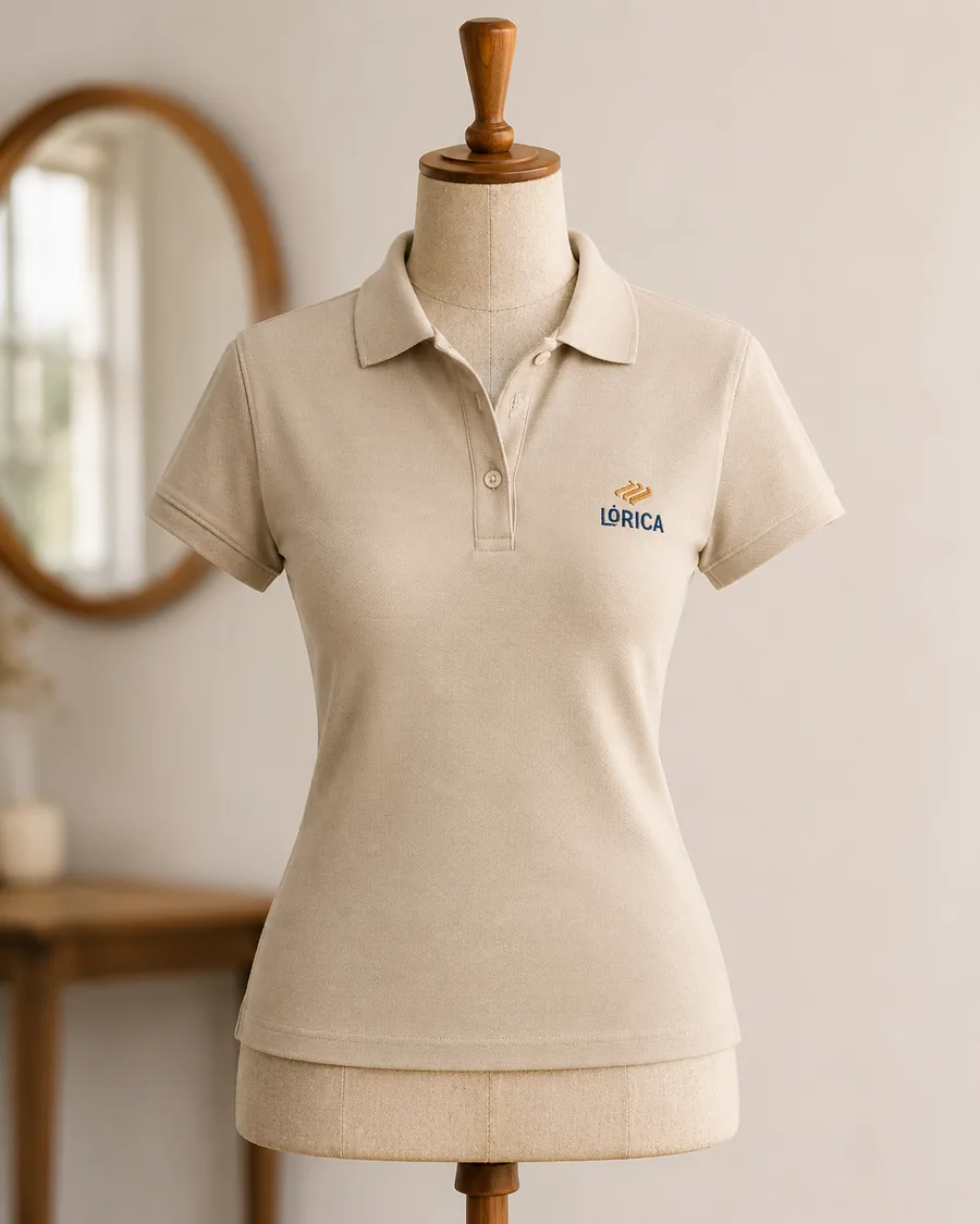 Babylook gola polo bege com bordado Lórica