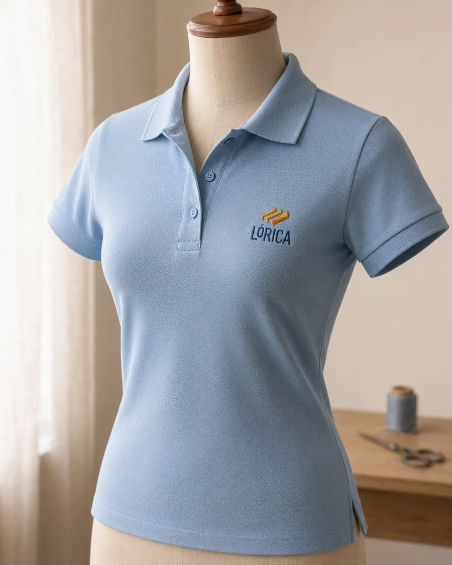 Babylook gola polo azul-claro com bordado Lórica