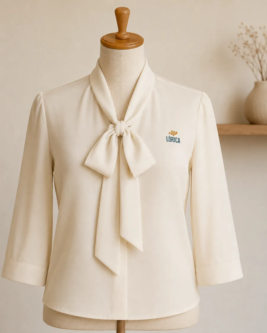 Blusa com gola de laço creme com bordado Lórica