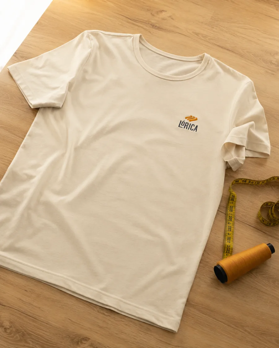 Camiseta gola no próprio tecido creme com bordado Lórica