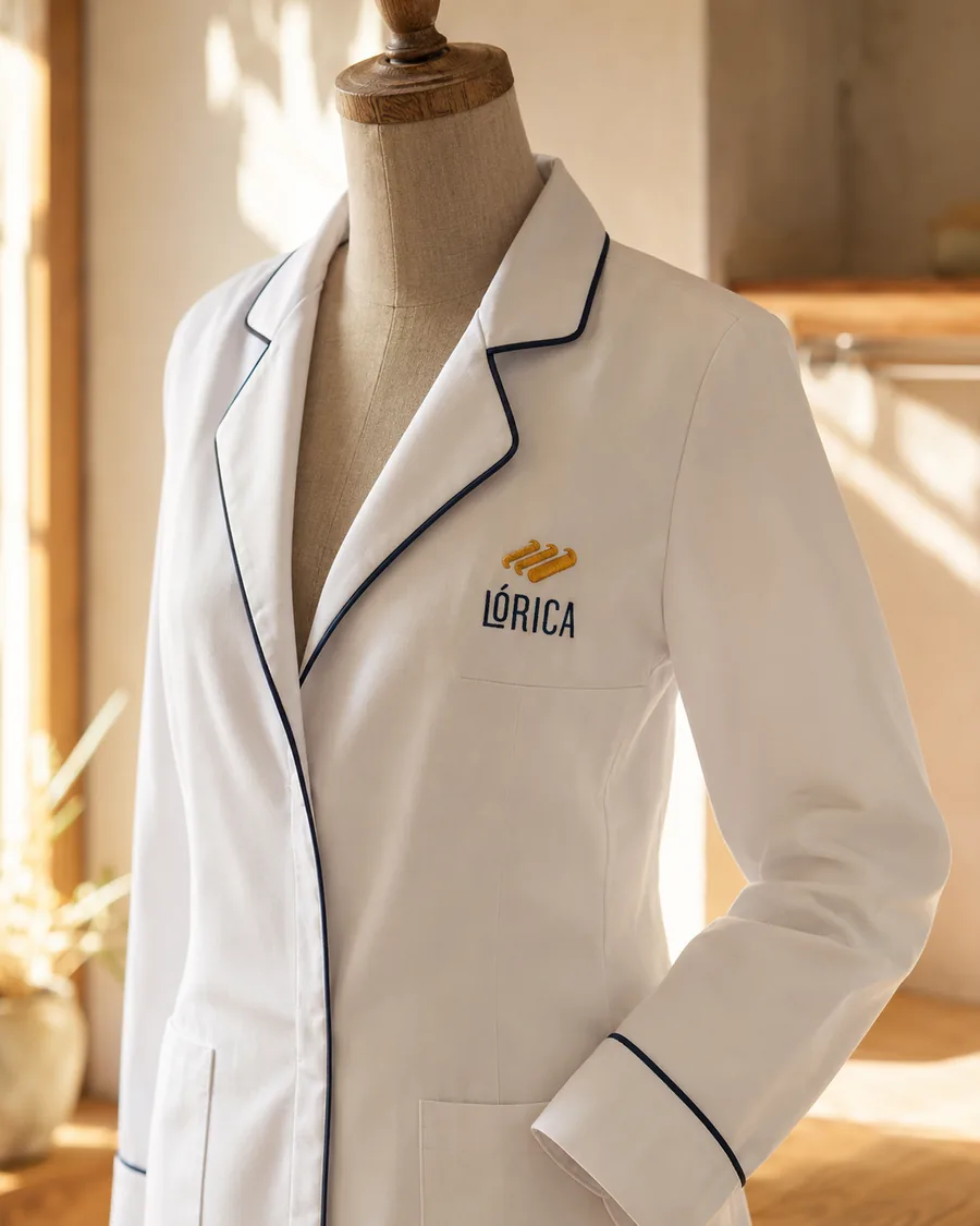 Jaleco branco com vivos navy e bordado Lórica