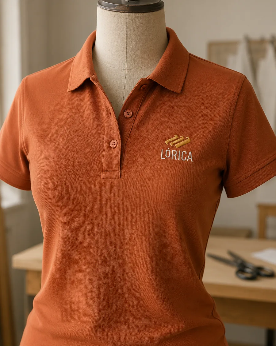 Polo feminina terracota com bordado Lórica