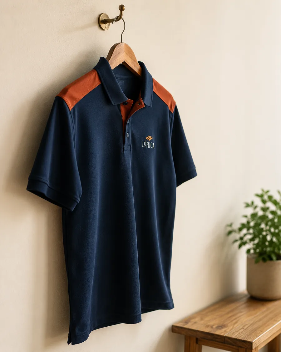 Polo navy com recortes terracota e bordado Lórica