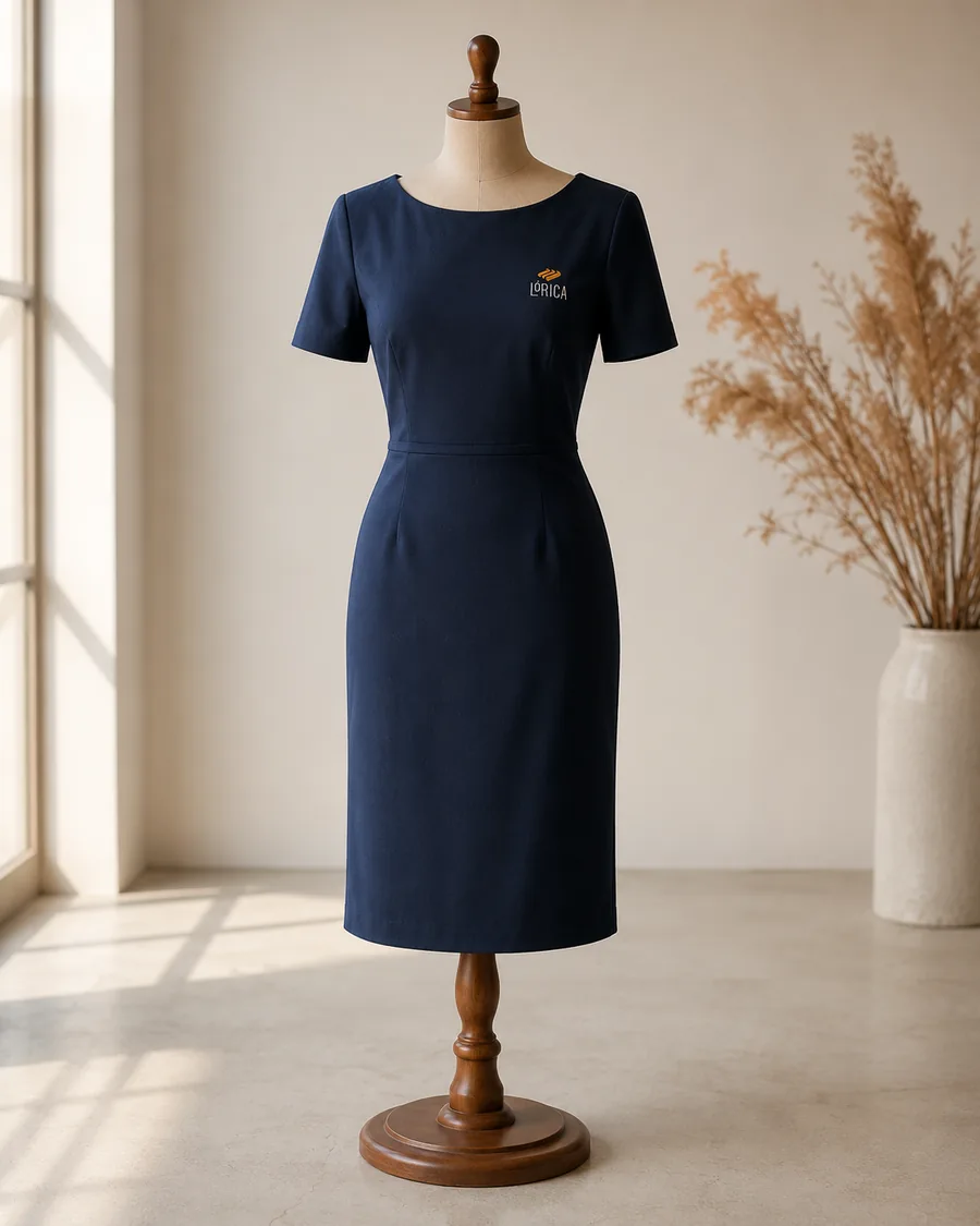 Vestido social navy com bordado Lórica