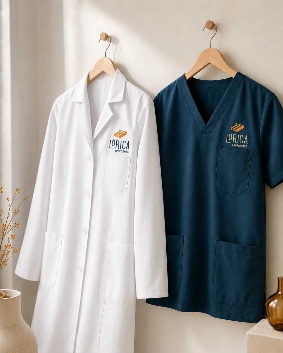 Linha Saúde — jaleco e scrub com bordado Lórica
