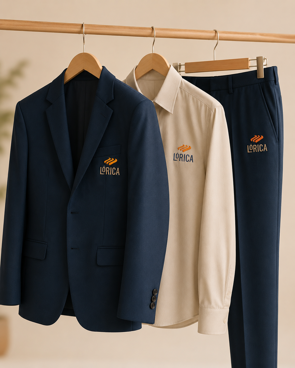 Linha Social Lórica — blazer, camisa e calça com logo bordado, em cabides de madeira